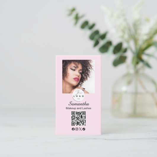 Blush Pink Script Social Icon QR Code Photo Makeup 名刺 (スタンド正面)