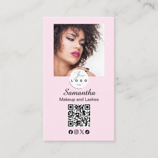 Blush Pink Script Social Icon QR Code Photo Makeup 名刺 (正面)