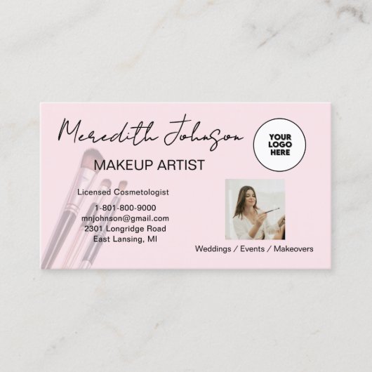 **Blush Pink Script Social Icon QR Photo Makeup 名刺 (正面)