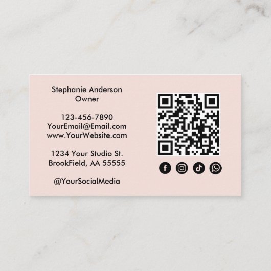 Blush Pink Script Social Icon QRCode Business Card 名刺 (裏面)