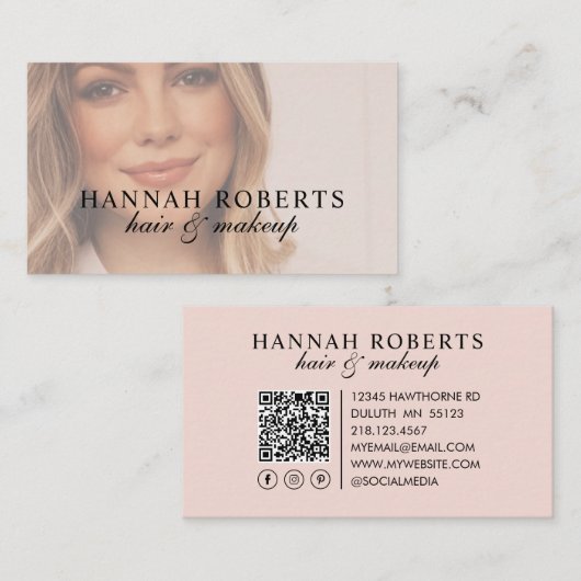 Blush Pink Script Social QR Code Photo Hair Makeup 名刺 (正面/裏面)