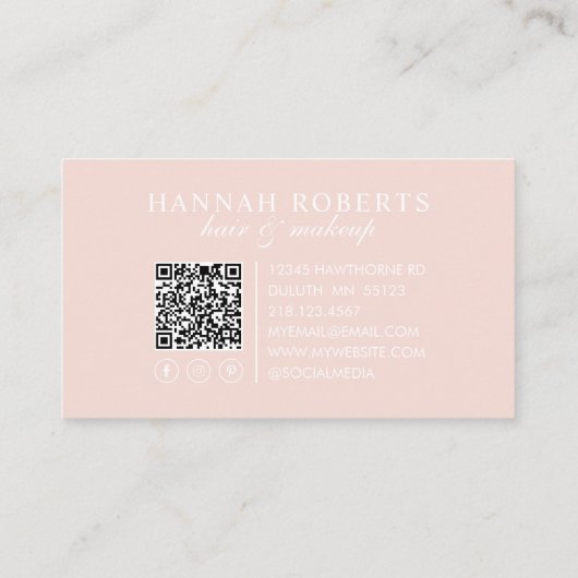 Blush Pink Script Social QR Code Photo Hair Makeup 名刺 (裏面)