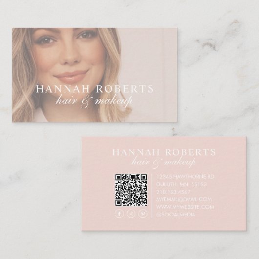 Blush Pink Script Social QR Code Photo Hair Makeup 名刺 (正面/裏面)