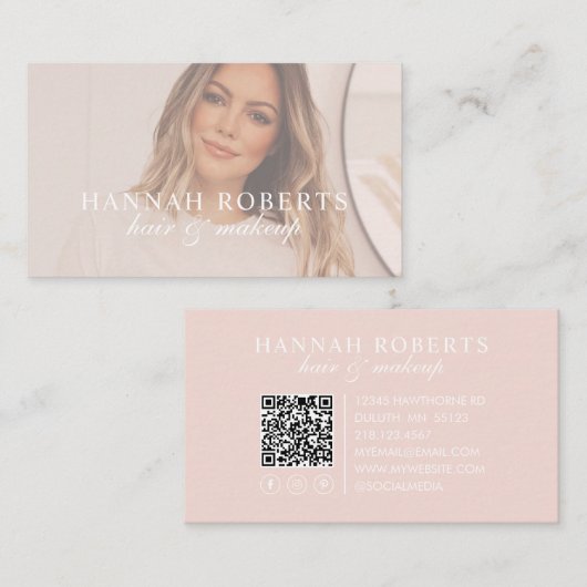 Blush Pink Script Social QR Code Photo Hair Makeup 名刺 (正面/裏面)