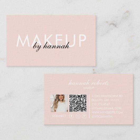 Blush Pink Script Social QR Code Photo Makeup 名刺 (正面/裏面)