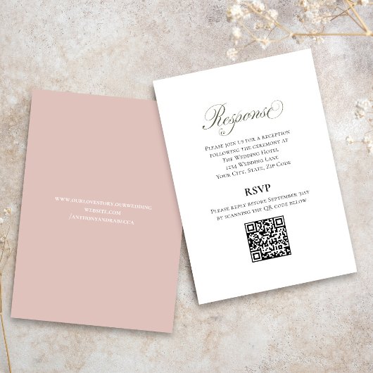 Blush Pink Script Wedding RSVP QR Code Card エンクロージャーカード