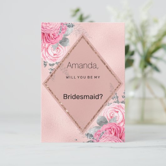 Blush pink silver glitter peony floral  Bridesmaid 招待状 (スタンド正面)