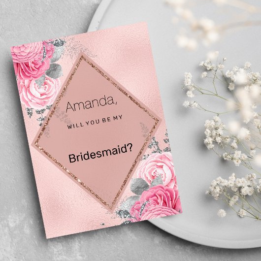 Blush pink silver glitter peony floral  Bridesmaid 招待状