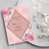 Blush pink silver glitter peony floral RSVP  招待状