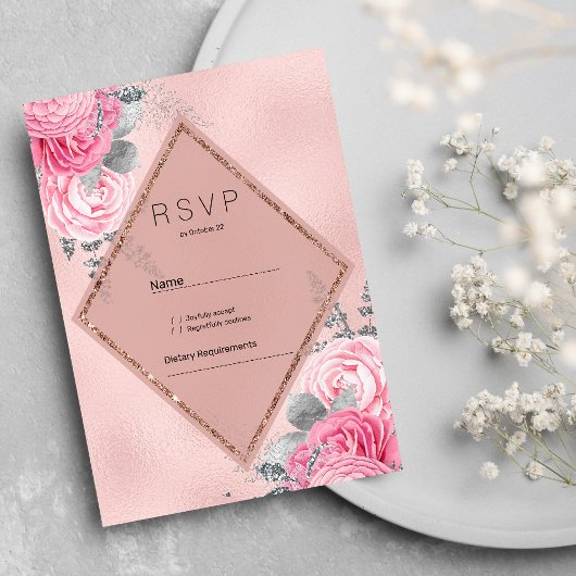 Blush pink silver glitter peony floral RSVP  招待状