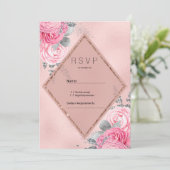 Blush pink silver glitter peony floral RSVP  招待状 (スタンド正面)