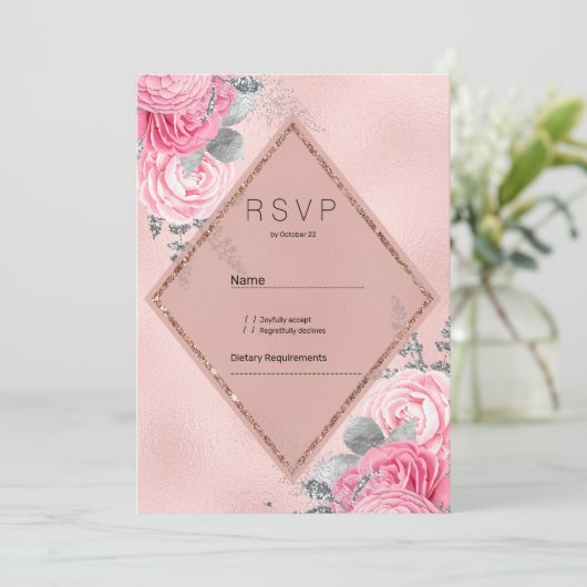 Blush pink silver glitter peony floral RSVP  招待状 (スタンド正面)