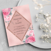 Blush pink silver glitter peony floral Wedding 招待状