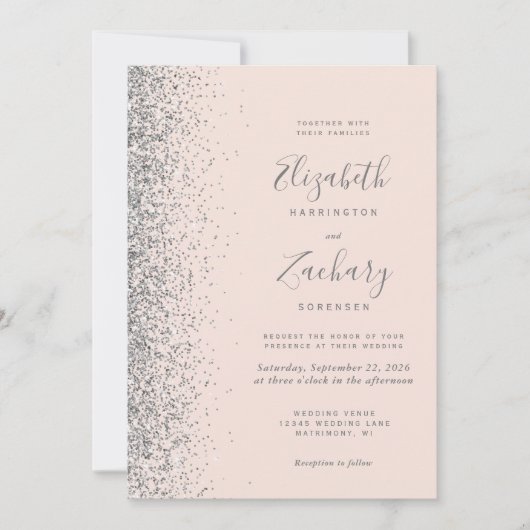 Blush Pink Silver Glitter Photo QR Code Wedding 招待状 (正面)