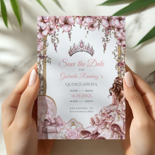 Blush Pink Silver Tiara Floral Quinceañera セーブザデート