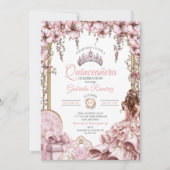 Blush Pink Silver Tiara Floral  Quinceañera 招待状 (正面)