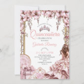 Blush Pink Silver Tiara Floral  Quinceañera 招待状 (正面)