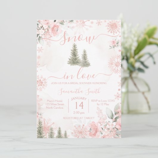 Blush Pink Snow in Love Snowflake Bridal Shower 招待状 (スタンド正面)