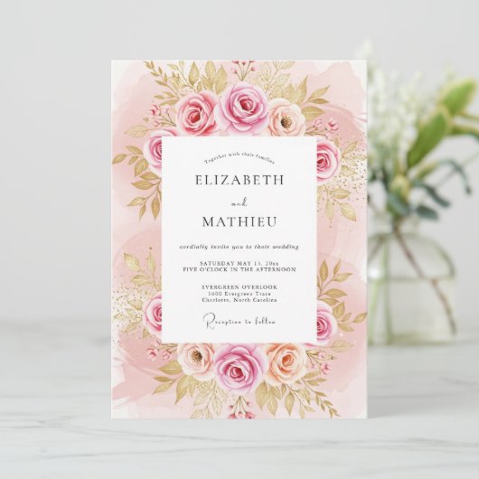 Blush Pink Splendid Rose Wedding 招待状 (スタンド正面)