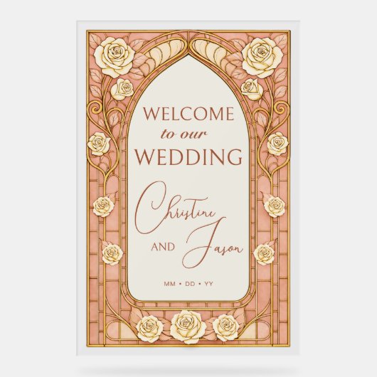 Blush Pink Stained Glass Floral Wedding Welcome  アクリルサイン (正面)