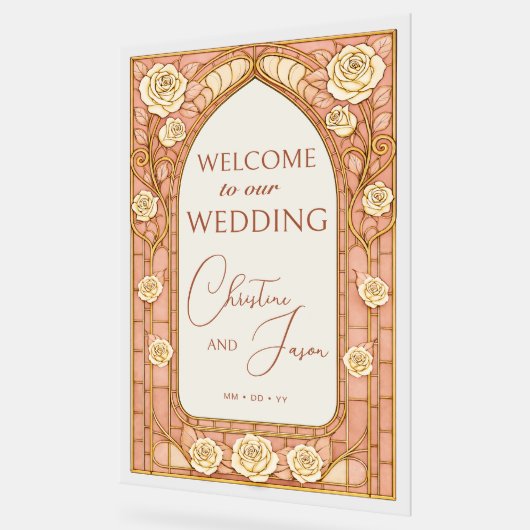 Blush Pink Stained Glass Floral Wedding Welcome  アクリルサイン (傾斜)