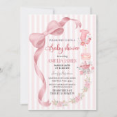 Blush Pink Striped Coquette Bow Girl Baby Shower 招待状 (正面)