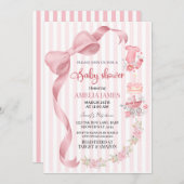 Blush Pink Striped Coquette Bow Girl Baby Shower 招待状 (正面/裏面)
