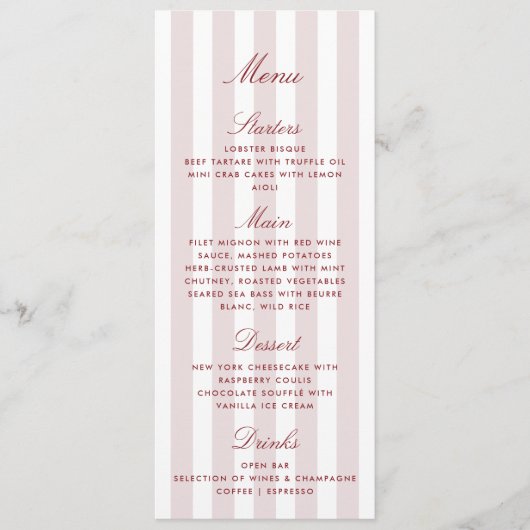 Blush Pink Stripes Modern Wedding Menu Card メニュー (正面)