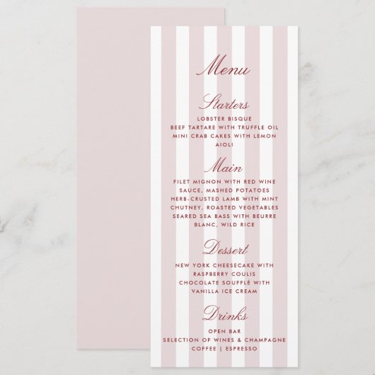 Blush Pink Stripes Modern Wedding Menu Card メニュー (正面/裏面)