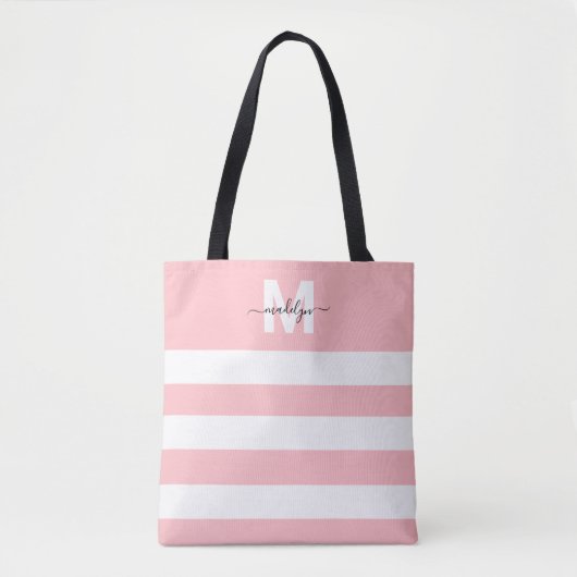 Blush Pink Stripes Name Monogrammed トートバッグ (正面)