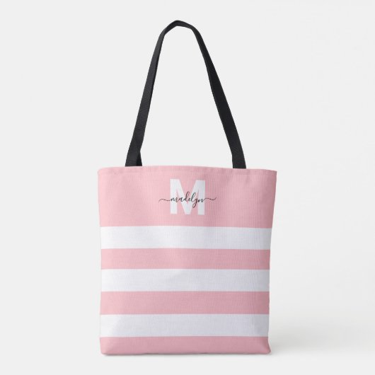 Blush Pink Stripes Name Monogrammed トートバッグ (裏面)