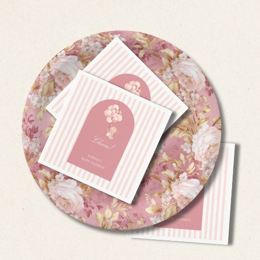 Blush pink stripes, teddy bear balloon スタンダードカクテルナプキン