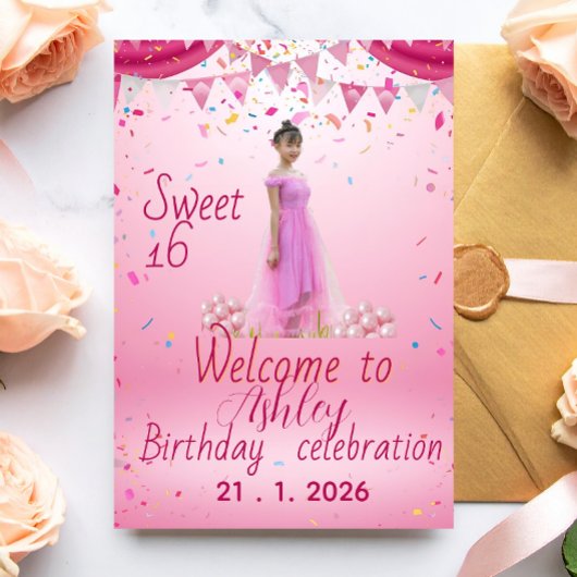 Blush Pink Sweet Sixteen Welcome Sign, Photo インビテーションポストカード