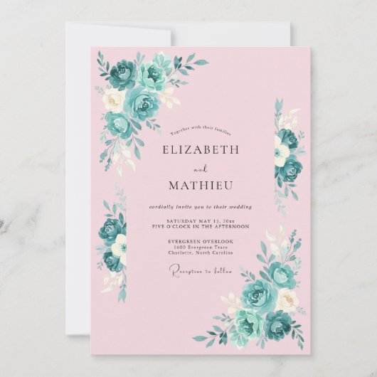 Blush Pink Teal Botanical Wedding 招待状 (正面)