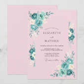 Blush Pink Teal Botanical Wedding 招待状 (正面/裏面)