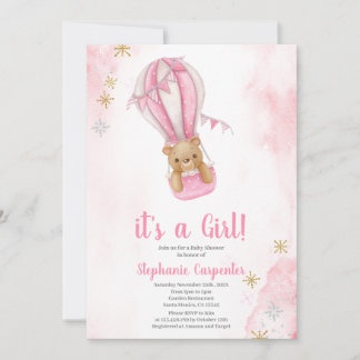 Blush pink teddy bear Baby Shower Girl Invitation 招待状