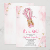 Blush pink teddy bear Baby Shower Girl Invitation 招待状 (正面/裏面)