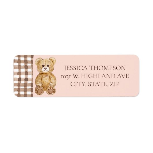 Blush Pink Teddy Bear Baby Shower Return Address  ラベル (正面)