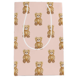 Blush Pink Teddy Bear Girl Baby Shower ミディアムペーパーバッグ