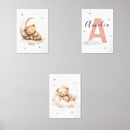 Blush Pink Teddy Bear Nursery Wall Art Custom Name (正面)