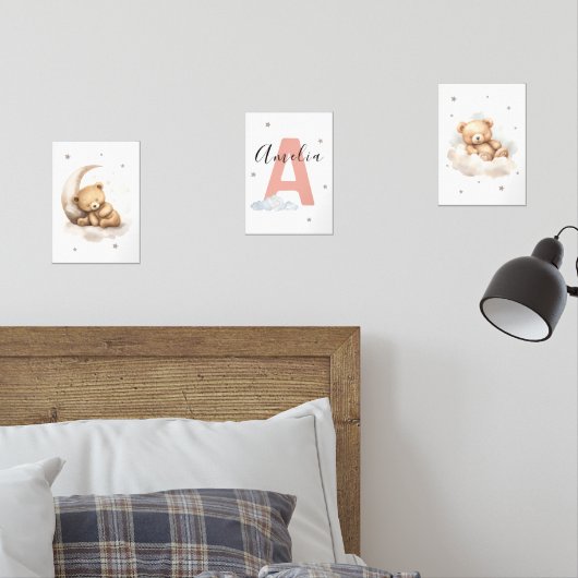 Blush Pink Teddy Bear Nursery Wall Art Custom Name (寝室)