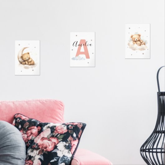 Blush Pink Teddy Bear Nursery Wall Art Custom Name (リビング)