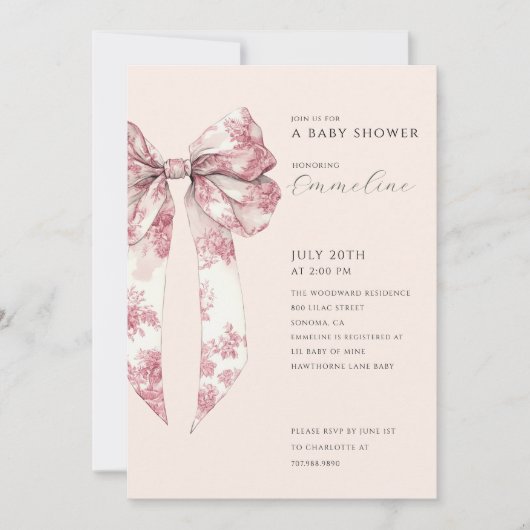 Blush Pink Toile Bow Baby Shower  招待状 (正面)