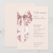 Blush Pink Toile Bow Baby Shower  招待状 (正面/裏面)