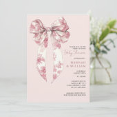 Blush Pink Toile Coquette Ribbon Girl Baby Shower 招待状 (スタンド正面)