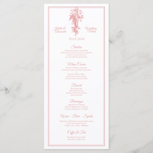 Blush Pink Toile de Jouy Wedding Menu Card メニュー (正面)