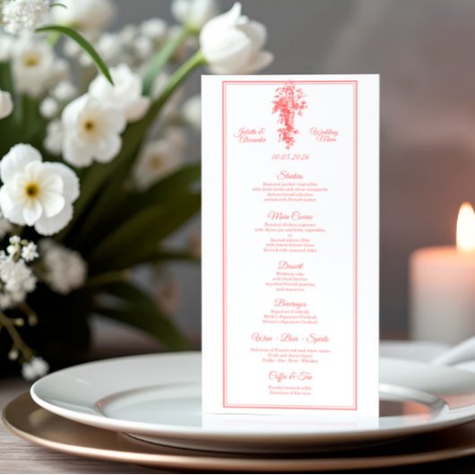 Blush Pink Toile de Jouy Wedding Menu Card メニュー