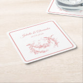 Blush Pink Toile de Jouy Wedding Paper Coasters スクエアペーパーコースター (アングル)