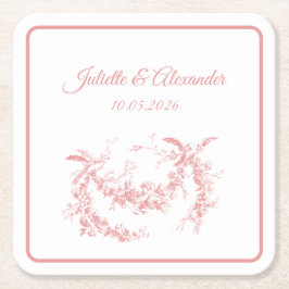 Blush Pink Toile de Jouy Wedding Paper Coasters スクエアペーパーコースター
