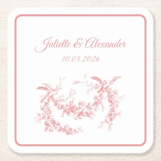 Blush Pink Toile de Jouy Wedding Paper Coasters スクエアペーパーコースター (正面)